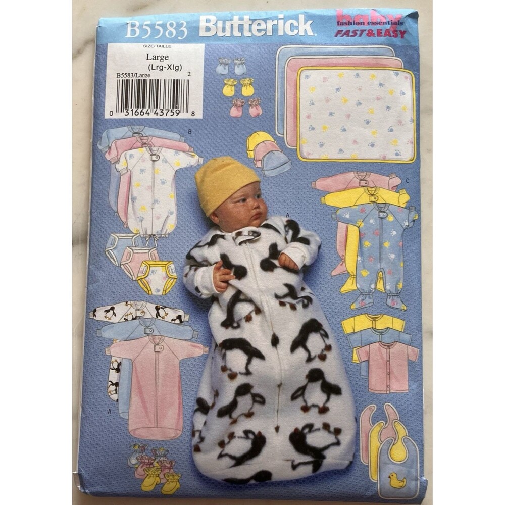 Butterick B5583 Infant Sleep Sack, Jumpsuit, Gown, Hat, Mittens, Booties Sz L-XL